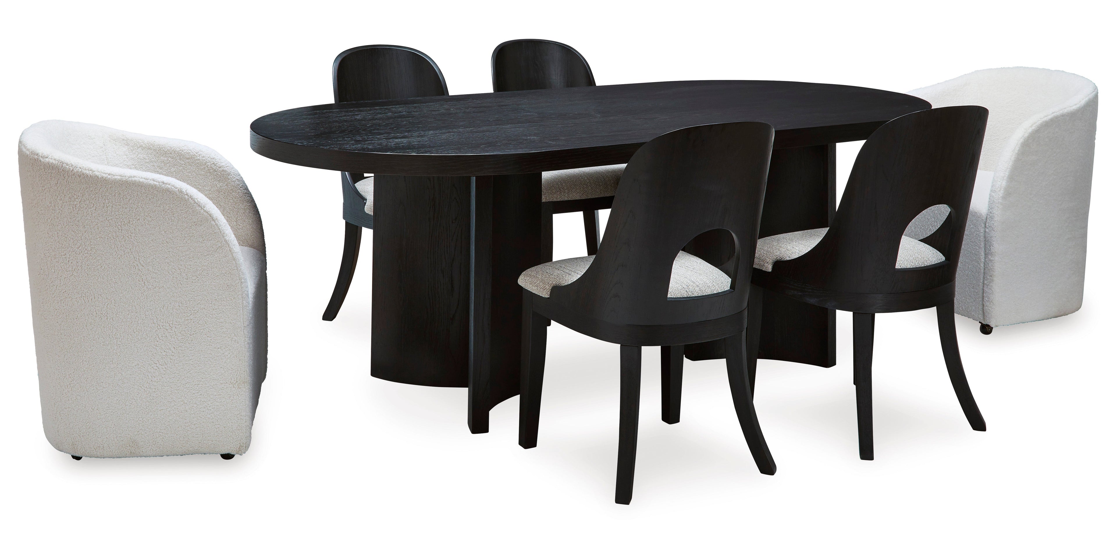Rowanbeck Dining Room Set w/ 2 Fully Upholstered White Armchairs / 7 Pc, Black