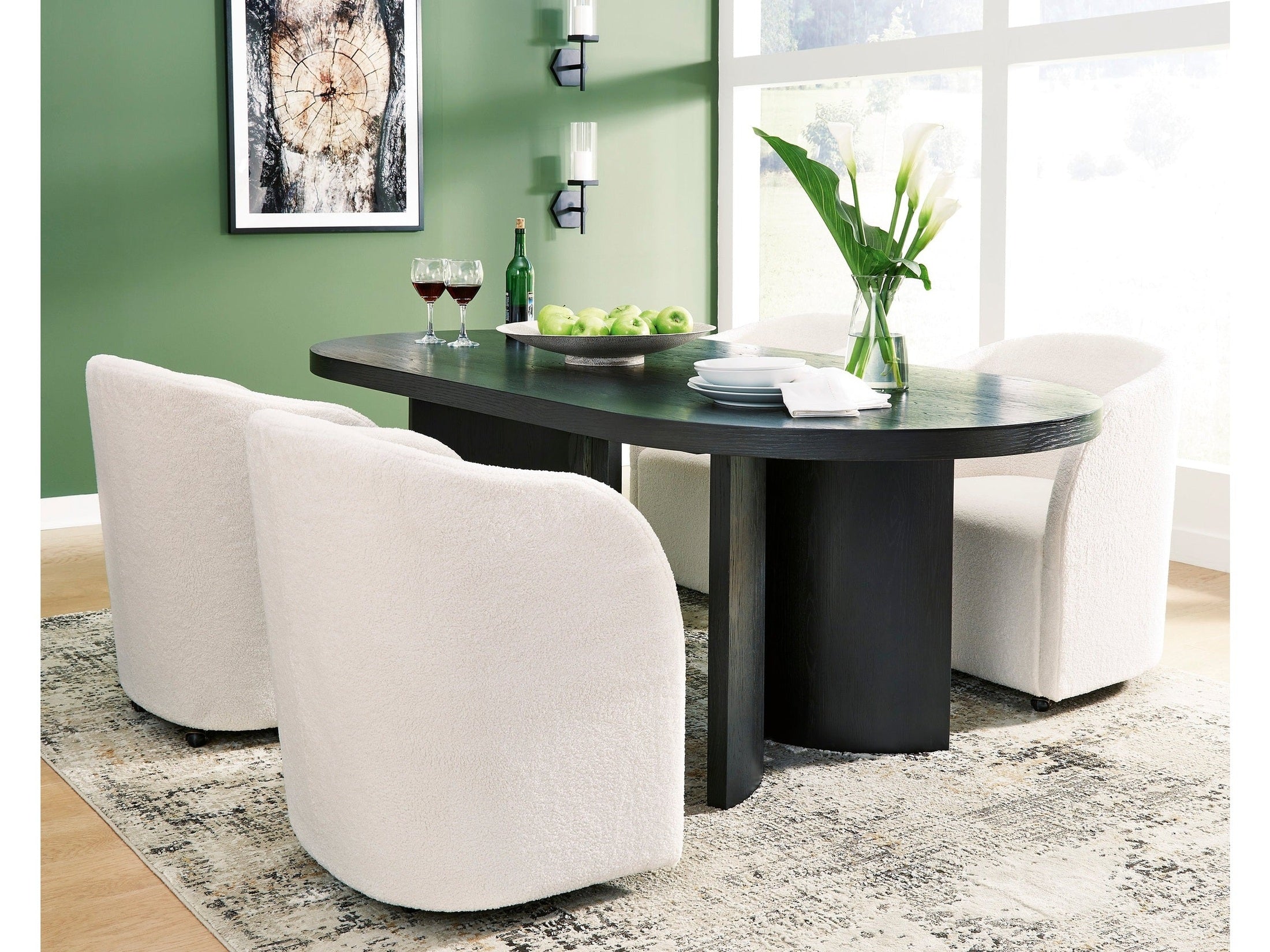 Rowanbeck Dining Room Set w/ 4 Fully Upholstered White Armchairs / 5 Pc, Black