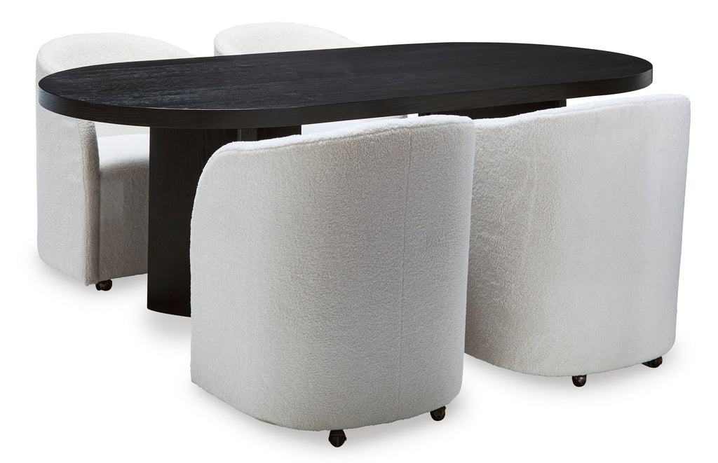 Rowanbeck Dining Room Set w/ 4 Fully Upholstered White Armchairs / 5 Pc, Black