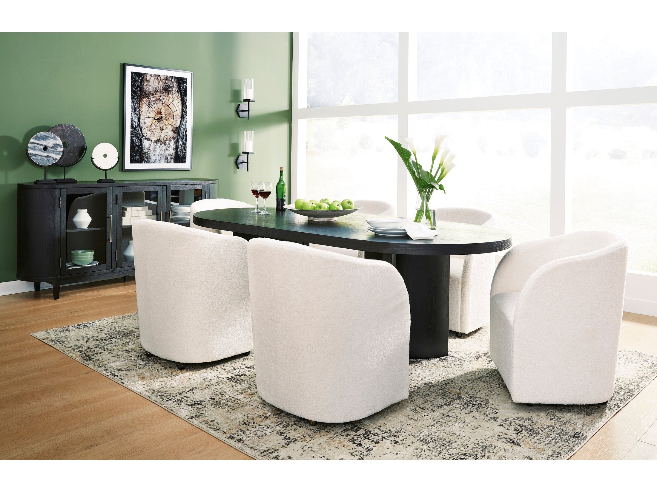 Rowanbeck Dining Room Set w/ 6 Fully Upholstered White Armchairs / 7 Pc, Black