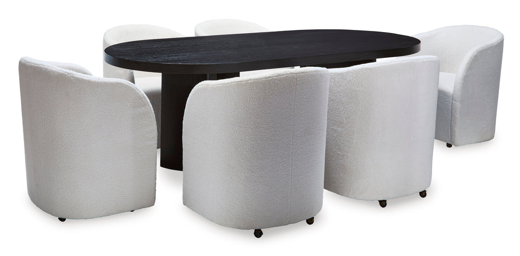Rowanbeck Dining Room Set w/ 6 Fully Upholstered White Armchairs / 7 Pc, Black