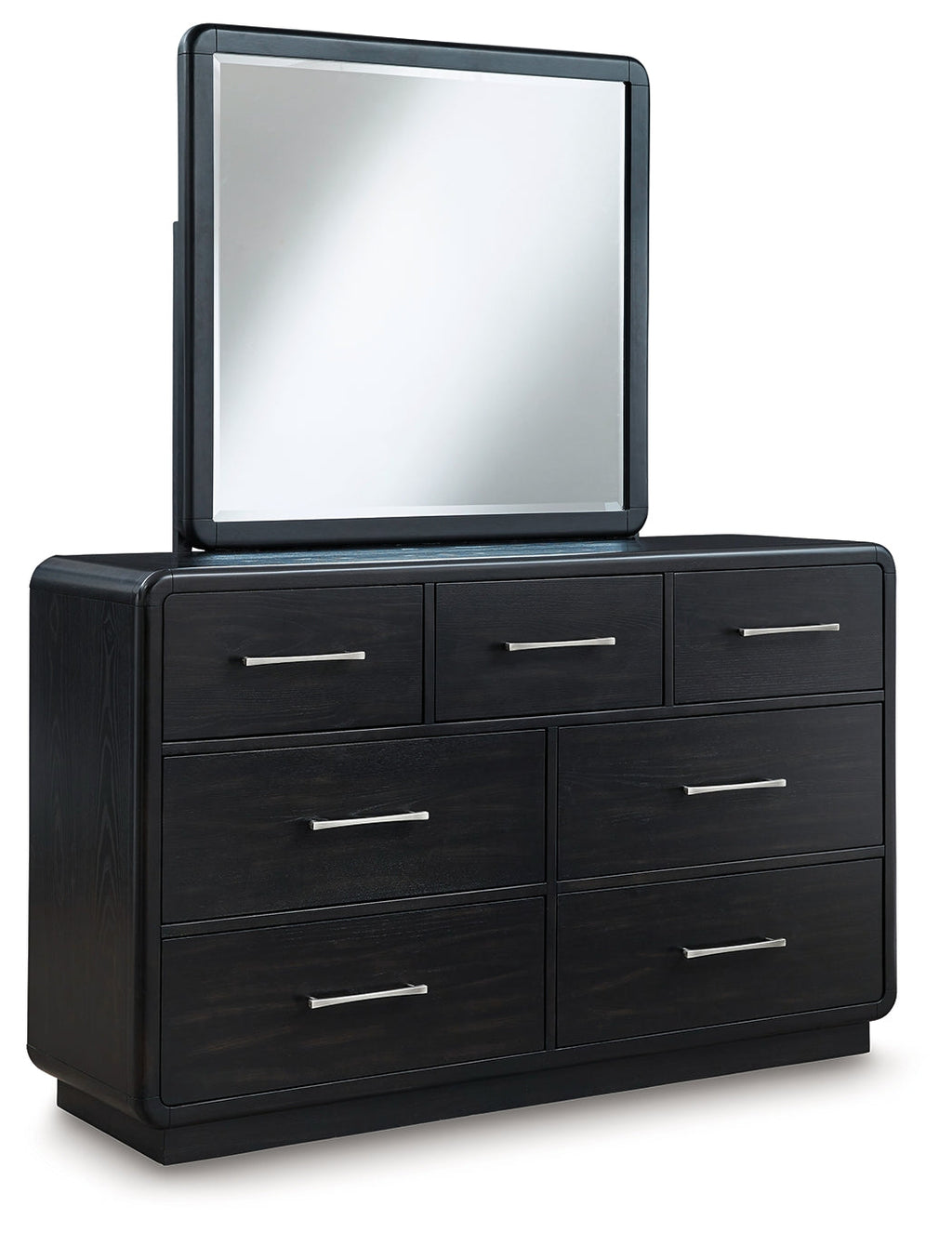 Rowanbeck Black Queen Upholstered Panel Bed & Dresser & Mirror