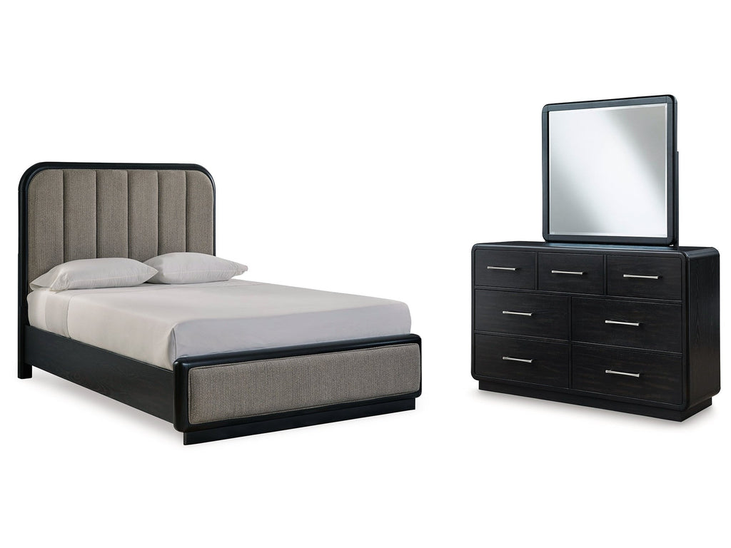Rowanbeck Black Queen Upholstered Panel Bed & Dresser & Mirror