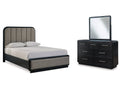 Rowanbeck Black Queen Upholstered Panel Bed & Dresser & Mirror