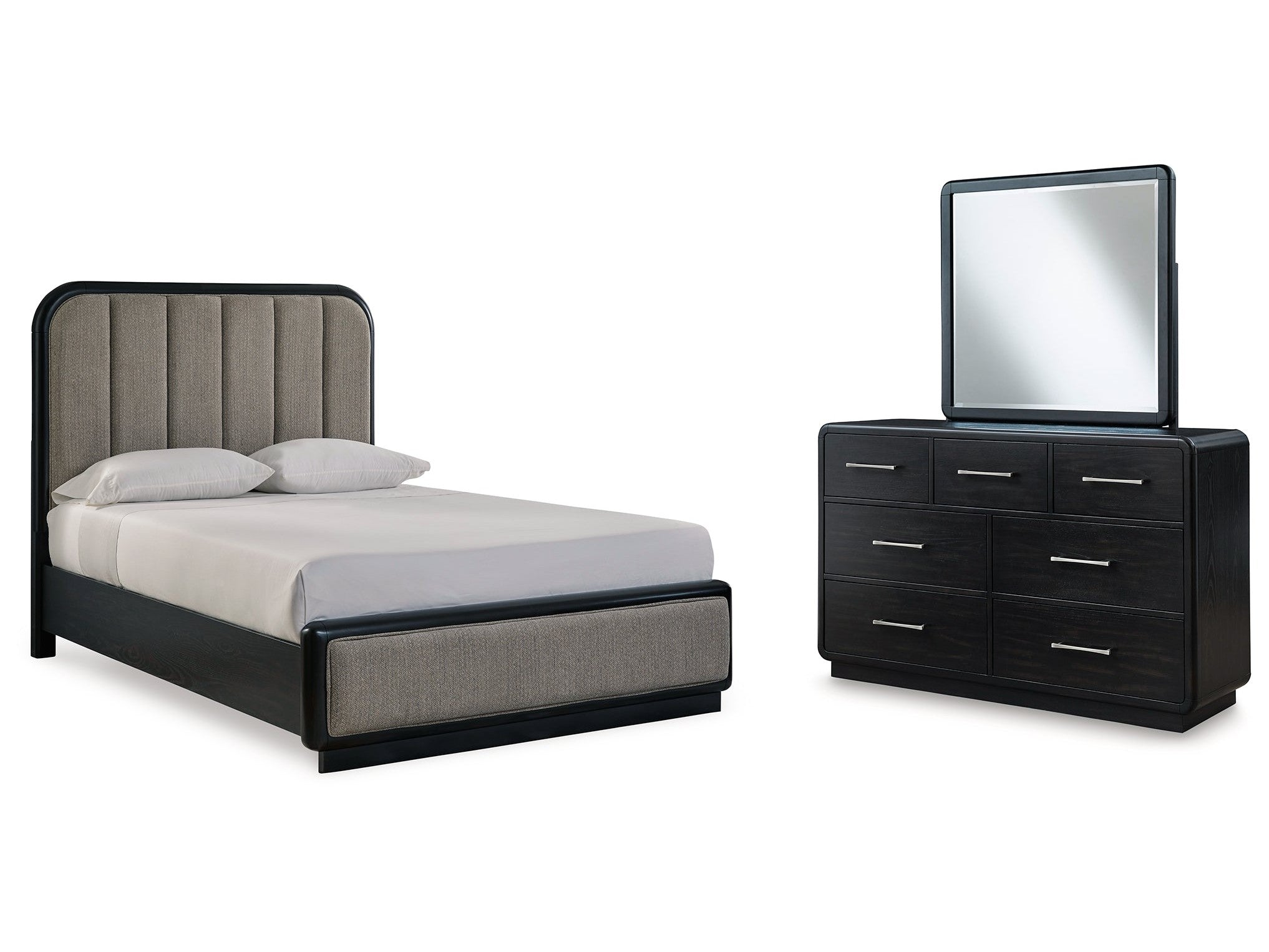 Rowanbeck Black Queen Upholstered Panel Bed & Dresser & Mirror