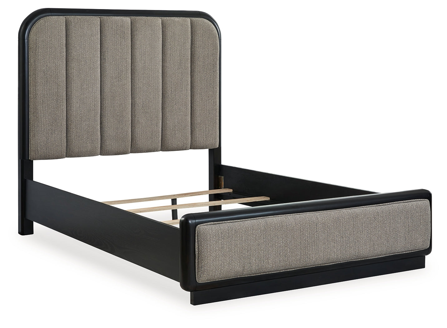 Rowanbeck Black Queen Upholstered Panel Bed & Dresser & Mirror