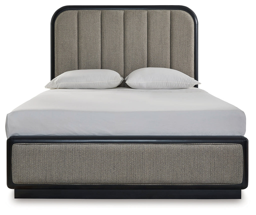 Rowanbeck Black Queen Upholstered Panel Bed & Dresser & Mirror