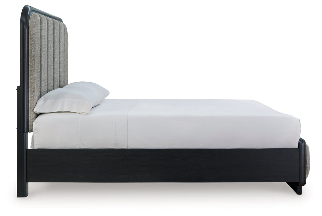 Rowanbeck Black Queen Upholstered Panel Bed & Dresser & Mirror