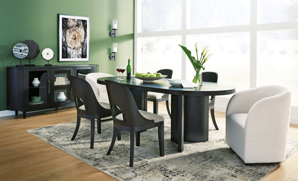 Rowanbeck Gray/Black Dining Table, 2 Arm Chairs and 4 Side Chairs