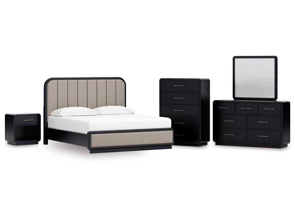 Rowanbeck /Black King Panel Bed, Dresser, Mirror, Chest and Nightstand, Gray