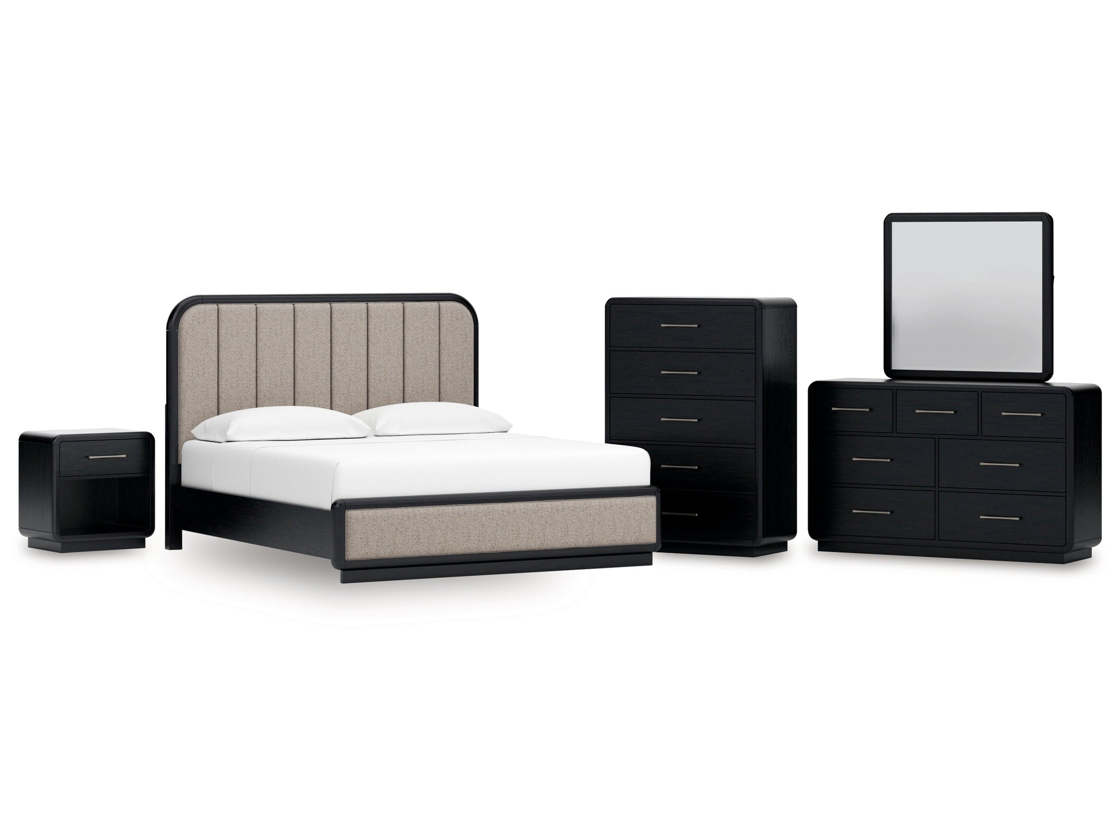 Rowanbeck /Black King Panel Bed, Dresser, Mirror, Chest and Nightstand, Gray