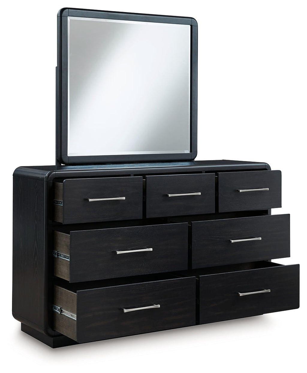 Rowanbeck /Black King Panel Bed, Dresser, Mirror, Chest and Nightstand, Gray