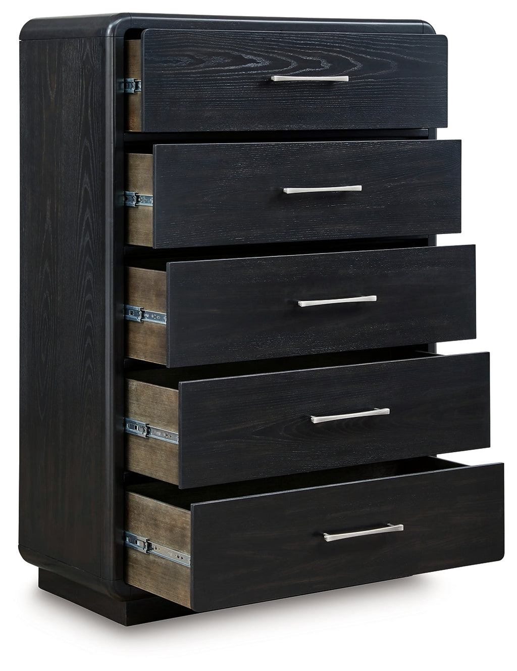 Rowanbeck /Black King Panel Bed, Dresser, Mirror, Chest and Nightstand, Gray