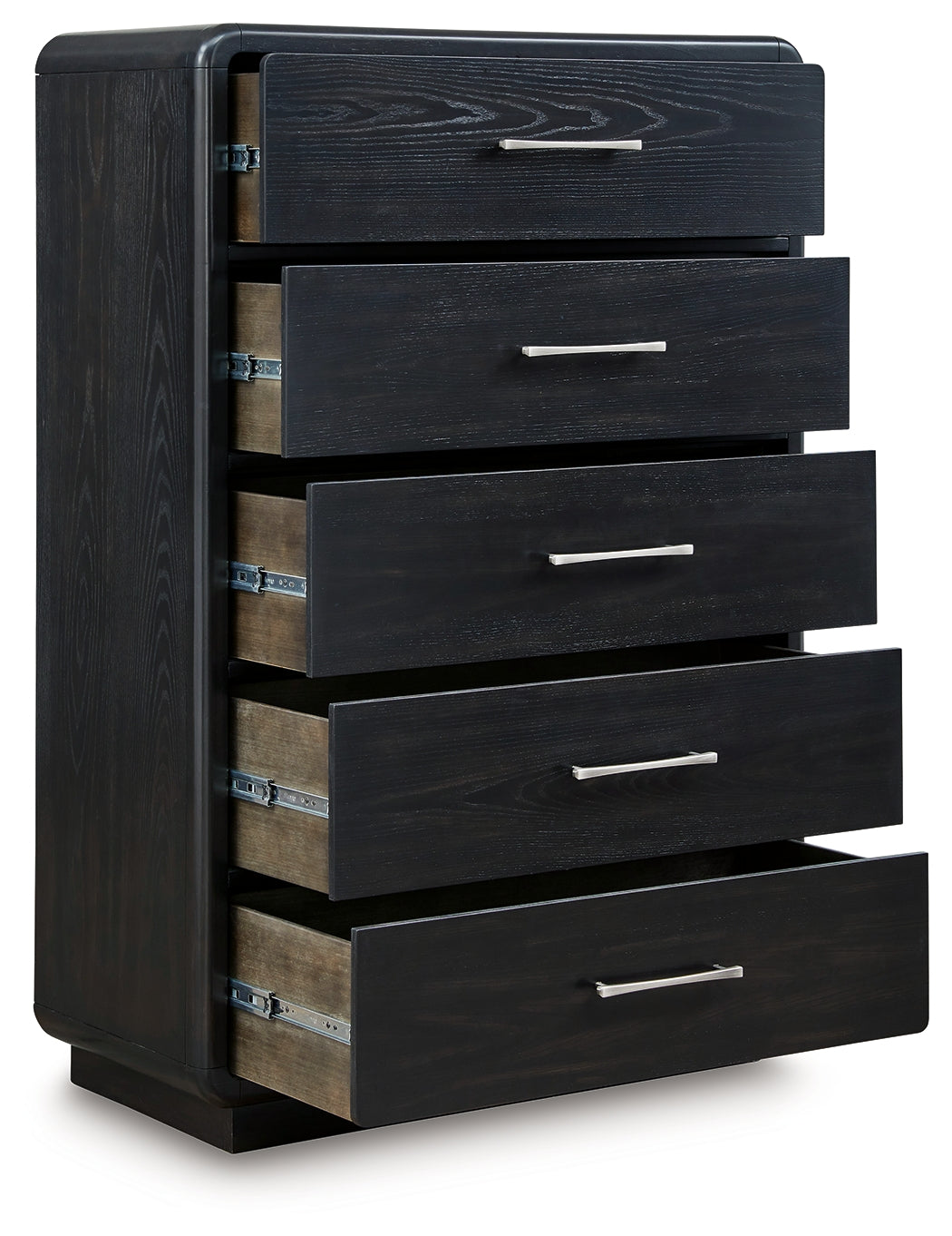 Rowanbeck /Black King Panel Bed, Dresser, Mirror, Chest and Nightstand, Gray
