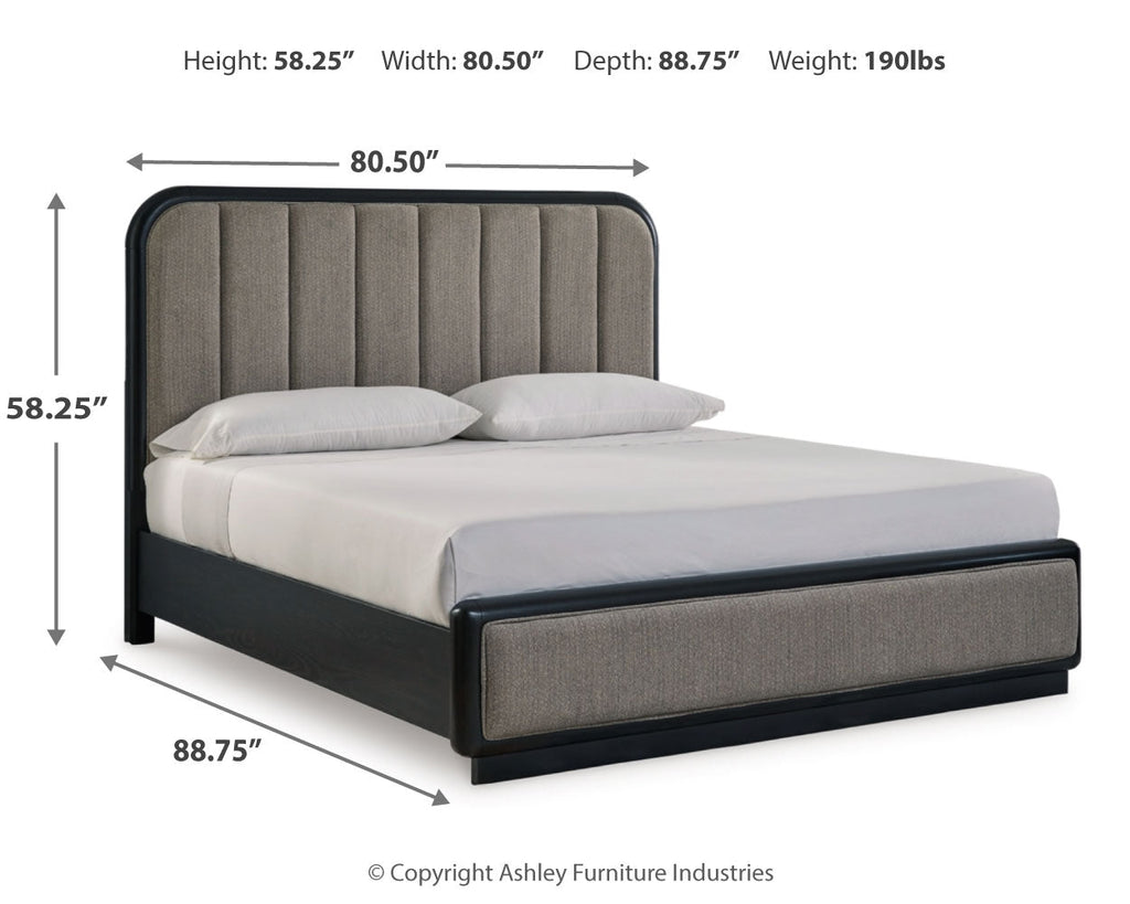 Rowanbeck /Black King Panel Bed, Dresser, Mirror, Chest and Nightstand, Gray