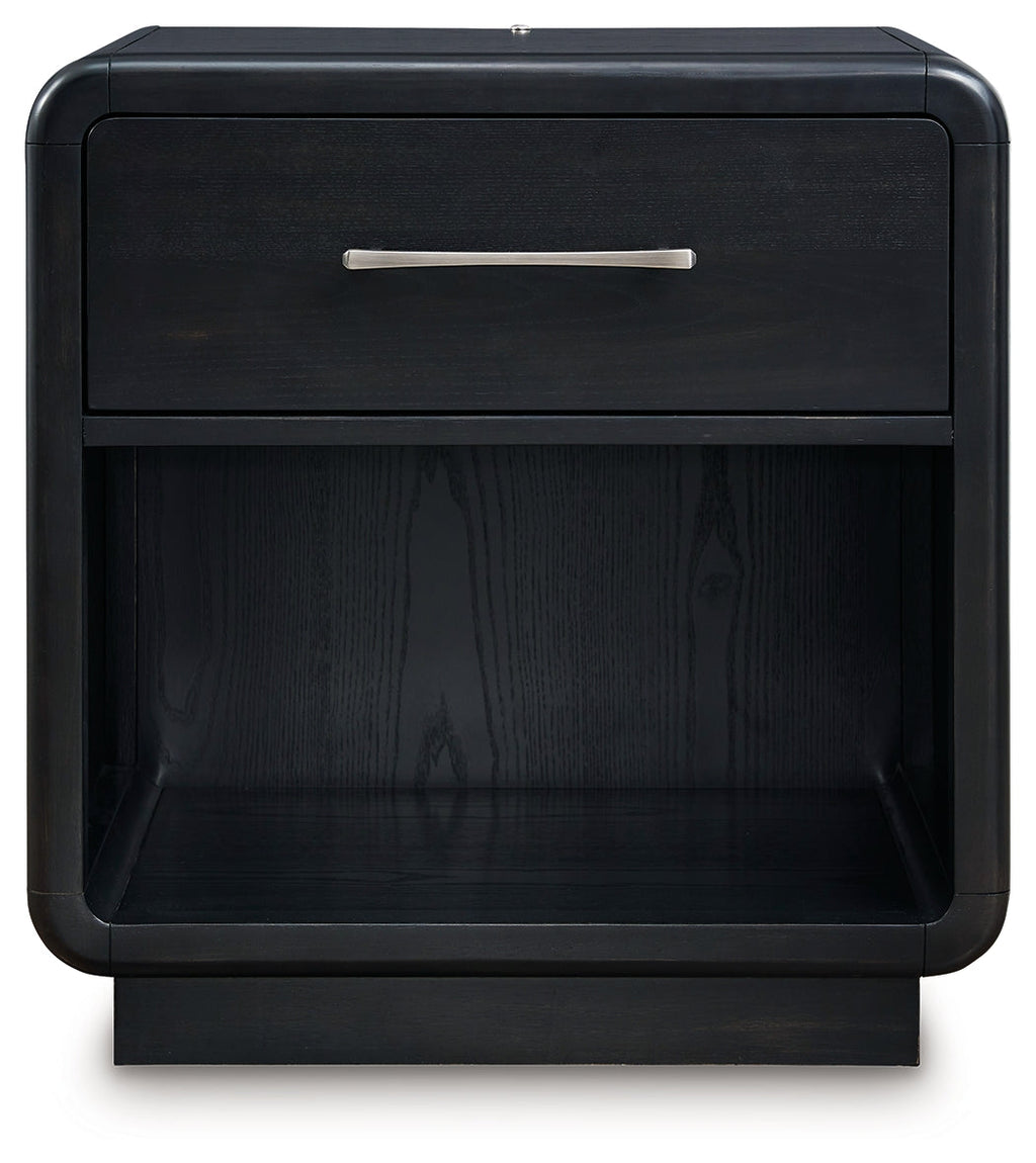 Rowanbeck /Black King Panel Bed, Dresser, Mirror, Chest and Nightstand, Gray