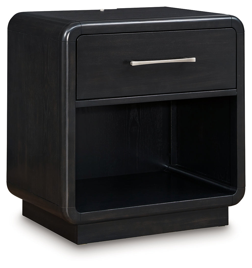 Rowanbeck /Black King Panel Bed, Dresser, Mirror, Chest and Nightstand, Gray
