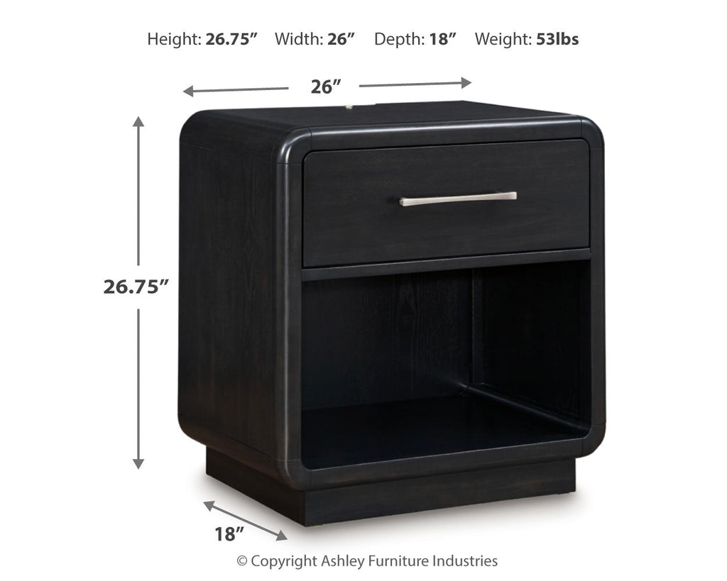Rowanbeck /Black King Panel Bed, Dresser, Mirror, Chest and Nightstand, Gray