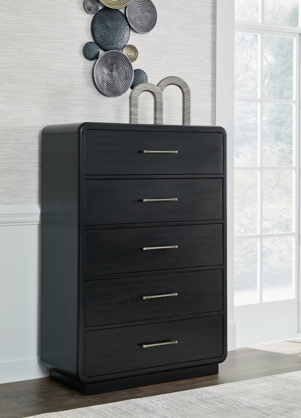 Rowanbeck /Black King Panel Bed, Dresser, Mirror, Chest and Nightstand, Gray