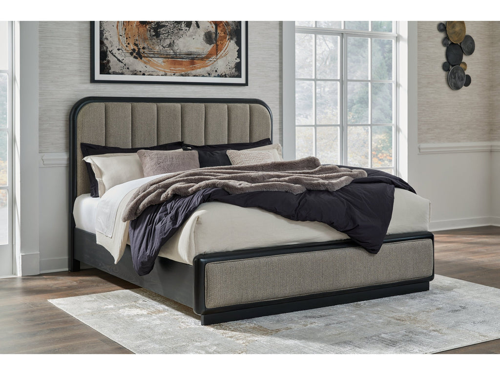 Rowanbeck Gray/Black King Upholstered Panel Bed