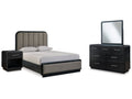 Rowanbeck /Black Queen Upholstered Panel Bed, Dresser, Mirror and Nightstand, Gray