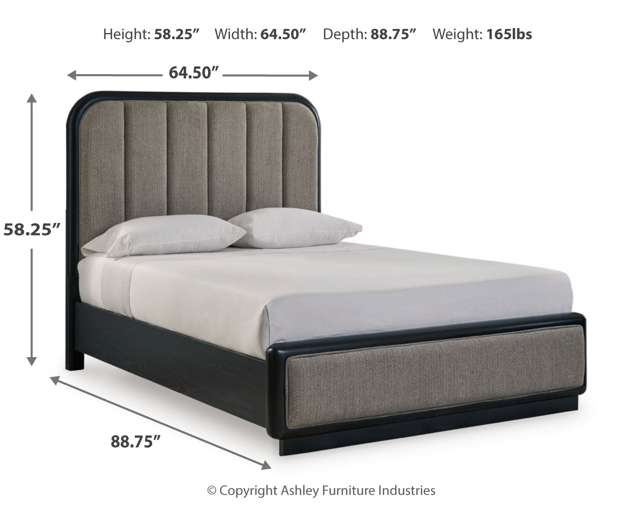 Rowanbeck /Black Queen Upholstered Panel Bed, Dresser, Mirror and Nightstand, Gray