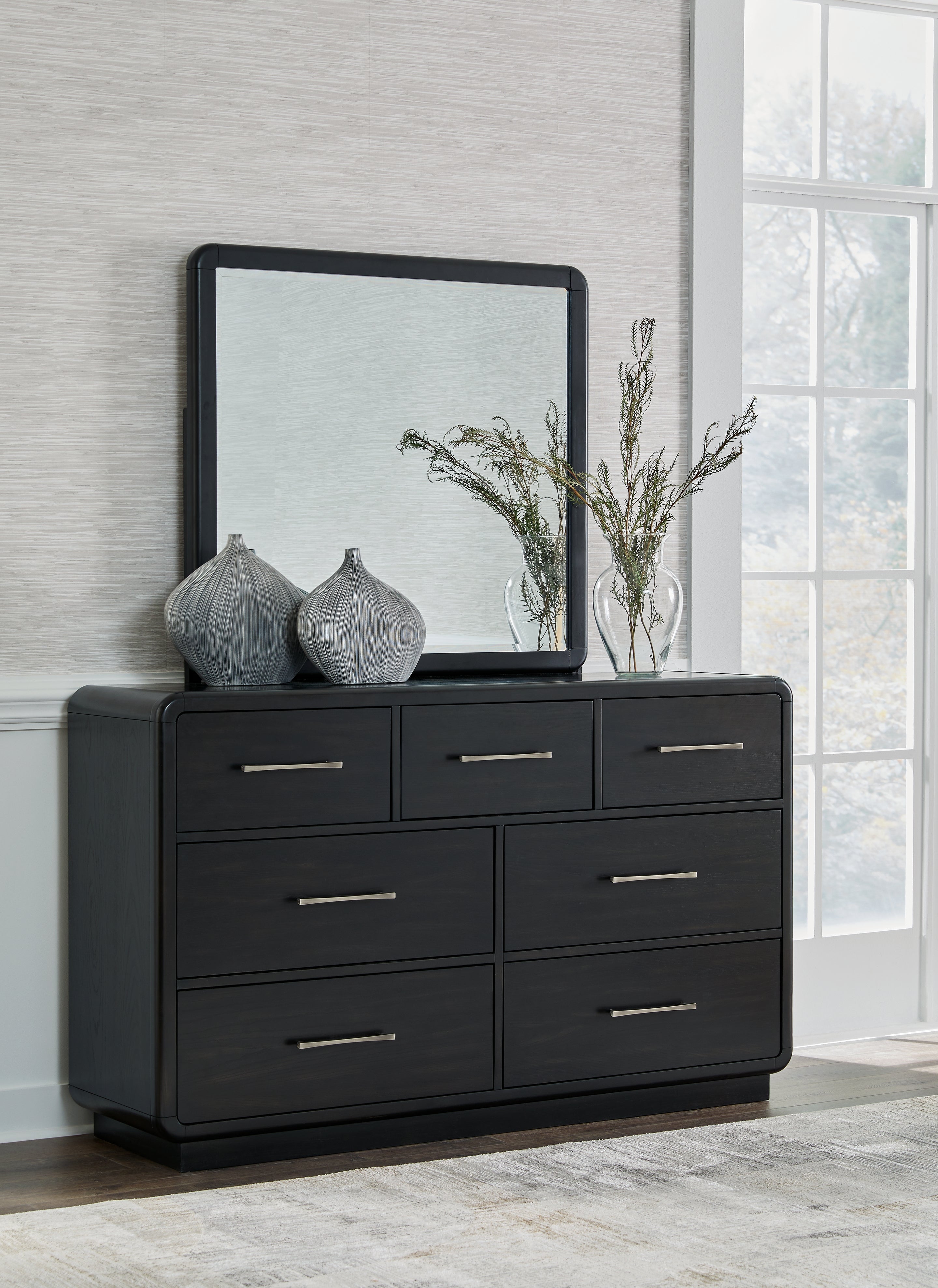 Rowanbeck /Black Queen Upholstered Panel Bed, Dresser, Mirror and Nightstand, Gray