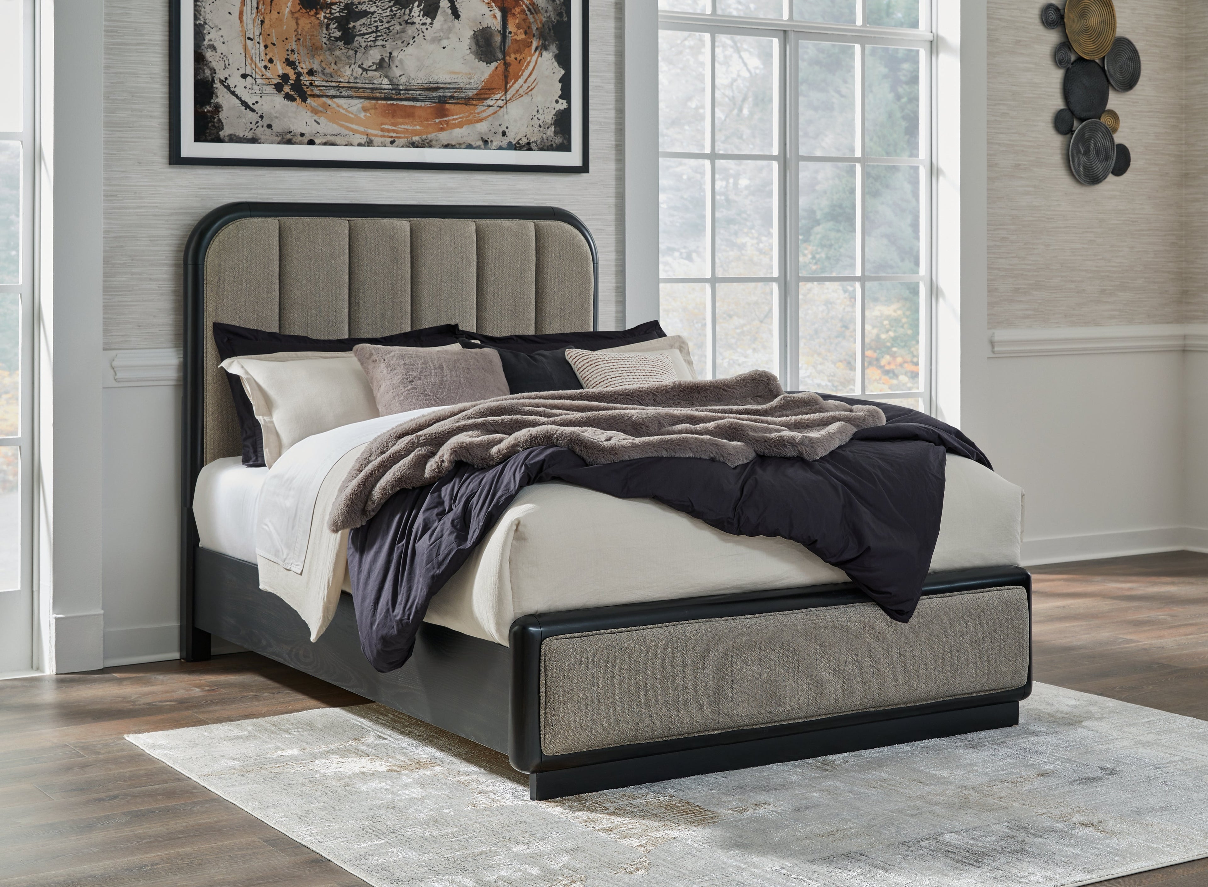 Rowanbeck /Black Queen Upholstered Panel Bed, Dresser, Mirror and Nightstand, Gray