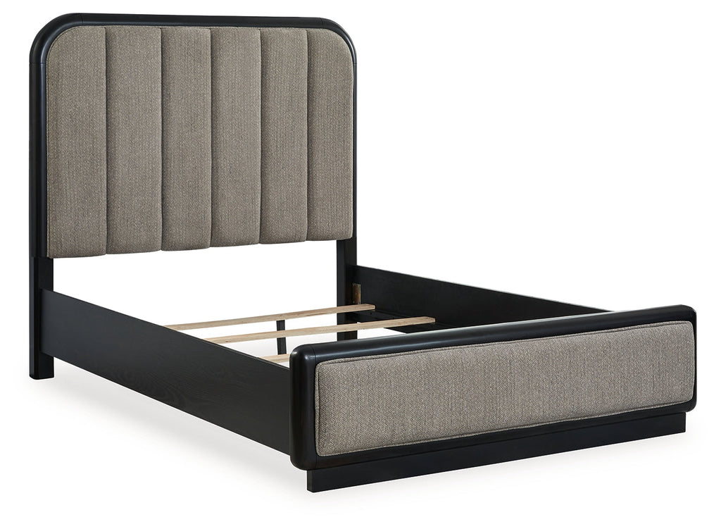 Rowanbeck Gray/Black Queen Upholstered Panel Bed