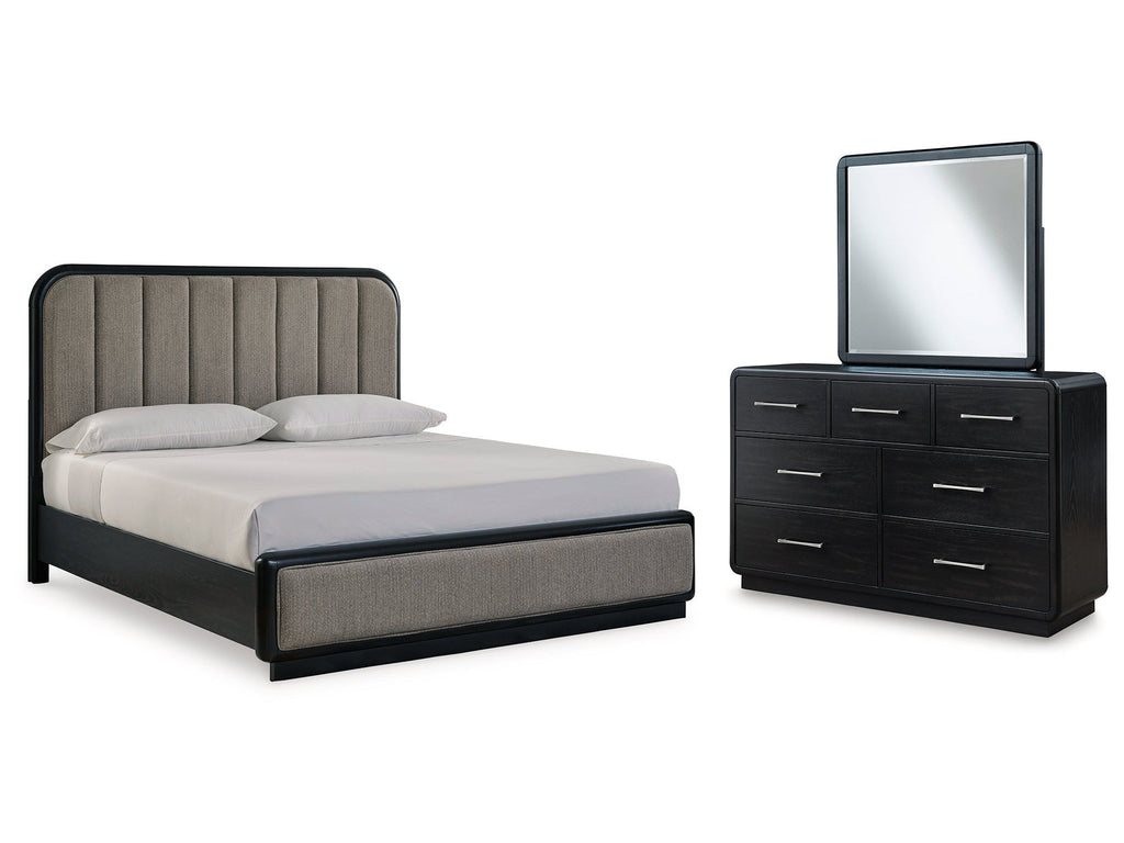 Rowanbeck King Upholstered Panel Bedroom Set with Dresser and Mirror