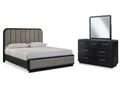 Rowanbeck King Upholstered Panel Bedroom Set with Dresser and Mirror