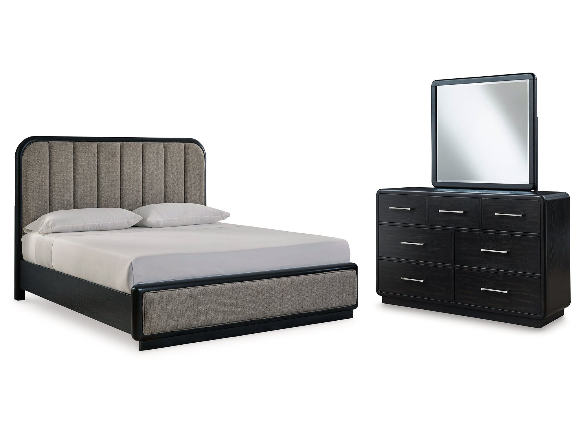 Rowanbeck King Upholstered Panel Bedroom Set with Dresser and Mirror