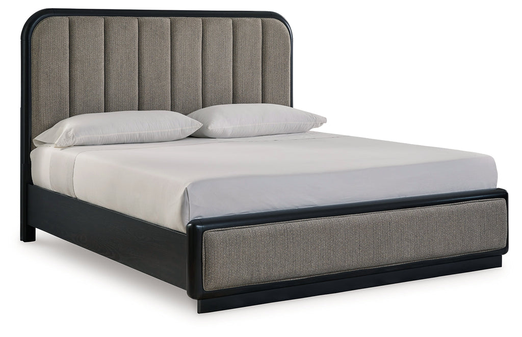 Rowanbeck King Upholstered Panel Bedroom Set with Dresser and Mirror