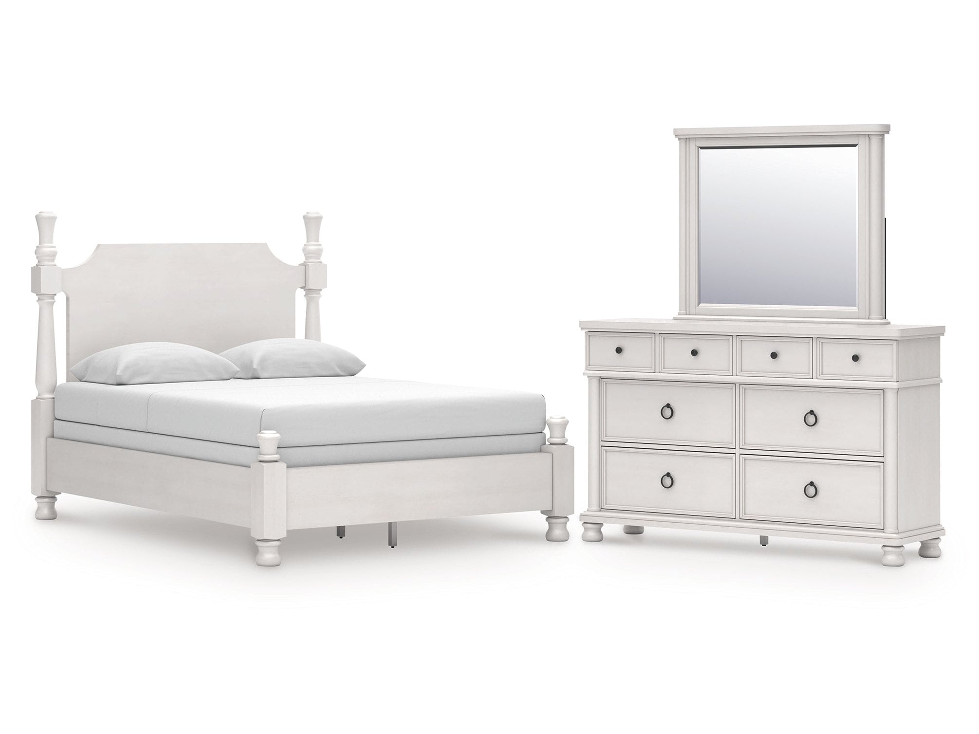 Rowlenstown Antique White Queen Poster Bed, Dresser and Mirror