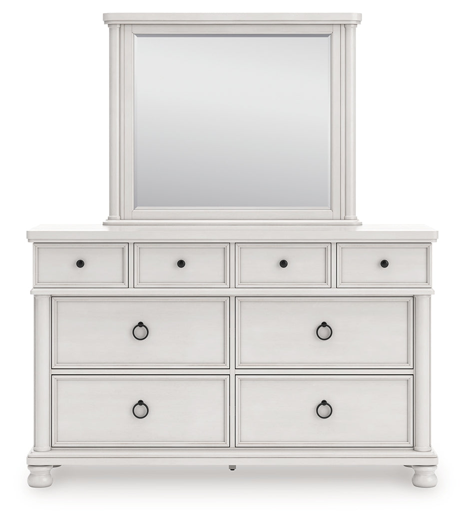 Rowlenstown Antique White Queen Poster Bed, Dresser and Mirror
