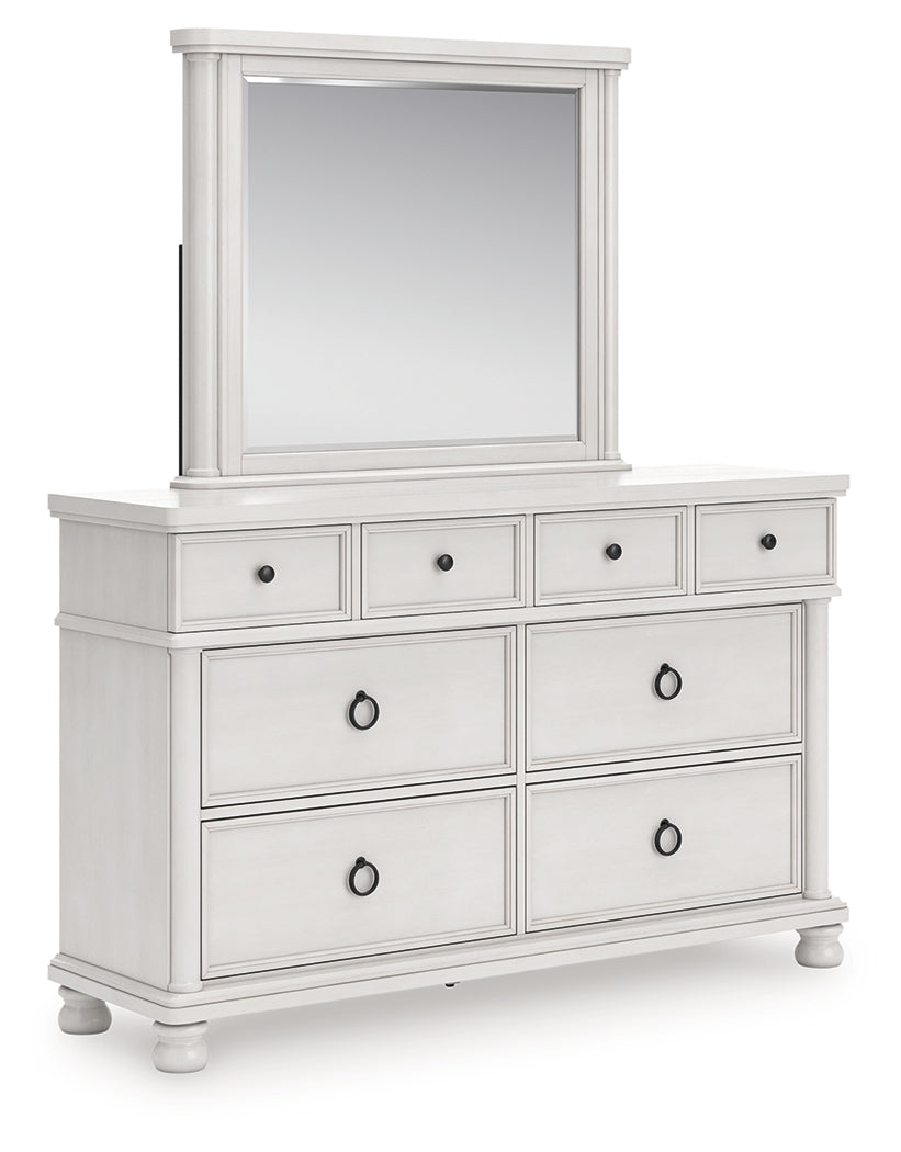Rowlenstown Antique White Queen Poster Bed, Dresser and Mirror