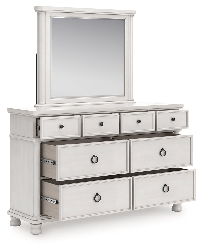 Rowlenstown Antique White Queen Poster Bed, Dresser and Mirror