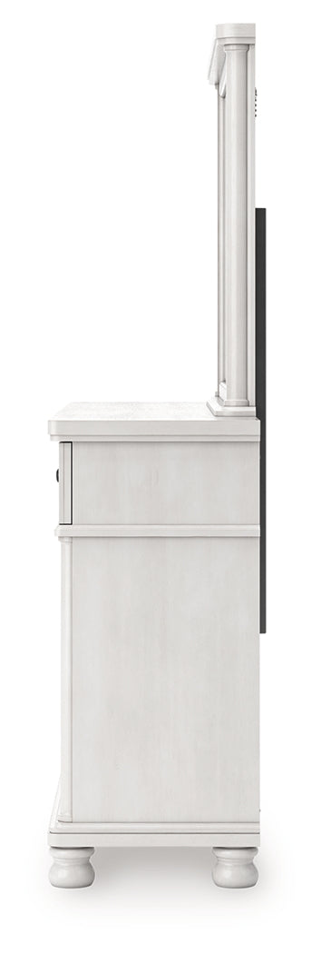 Rowlenstown Antique White Queen Poster Bed, Dresser and Mirror