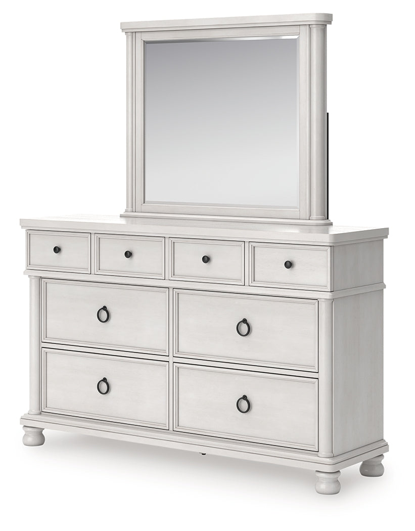 Rowlenstown Antique White Queen Poster Bed, Dresser and Mirror