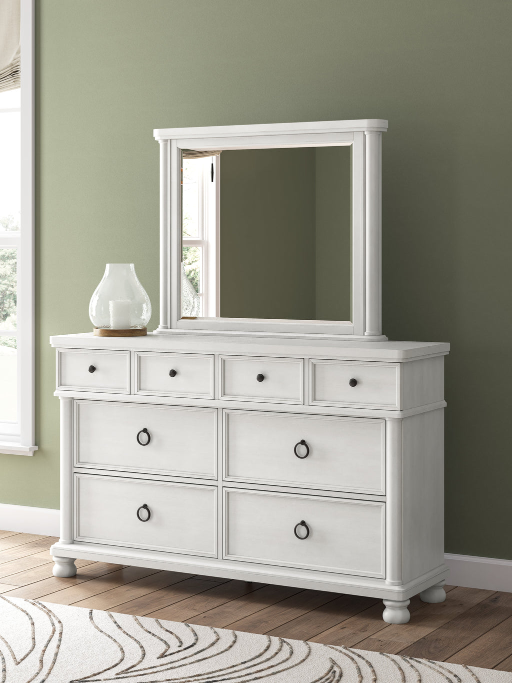 Rowlenstown Antique White Queen Poster Bed, Dresser and Mirror