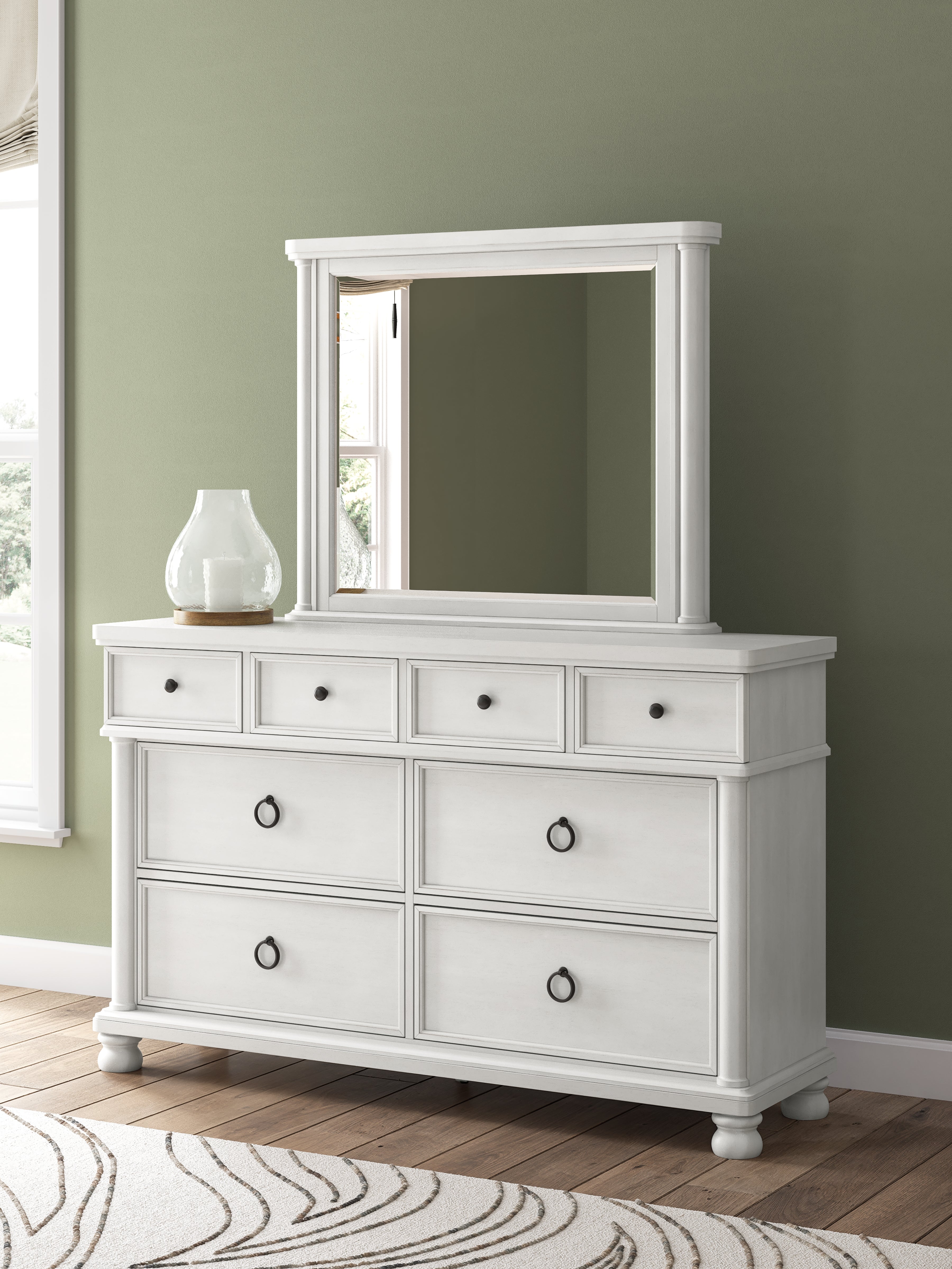 Rowlenstown Antique White Queen Poster Bed, Dresser and Mirror