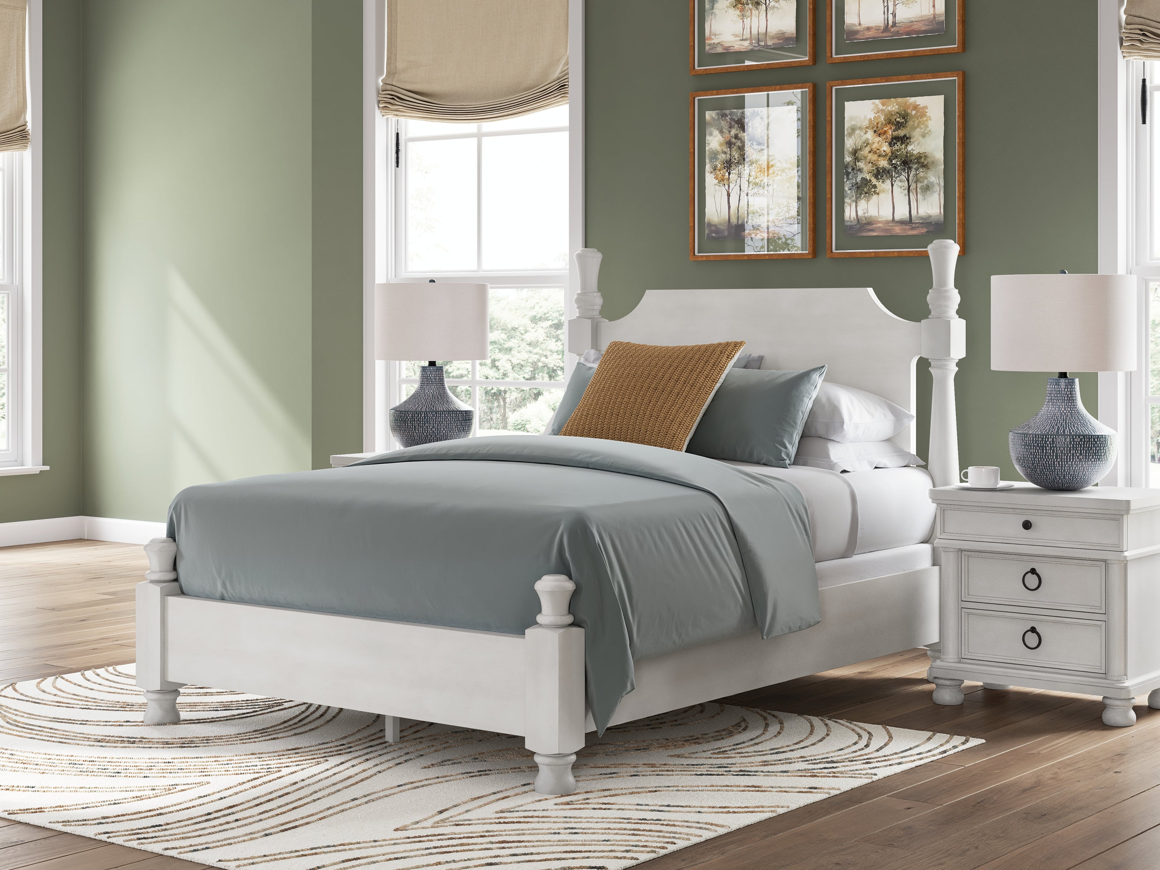 Rowlenstown Antique White Queen Poster Bed, Dresser and Mirror
