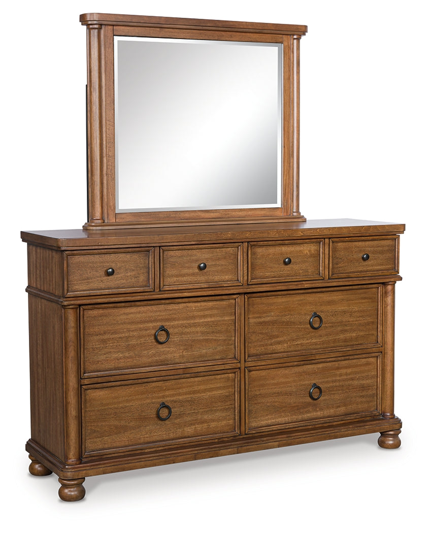 Rowlenstown Brown Queen Poster Bed, Dresser and Mirror