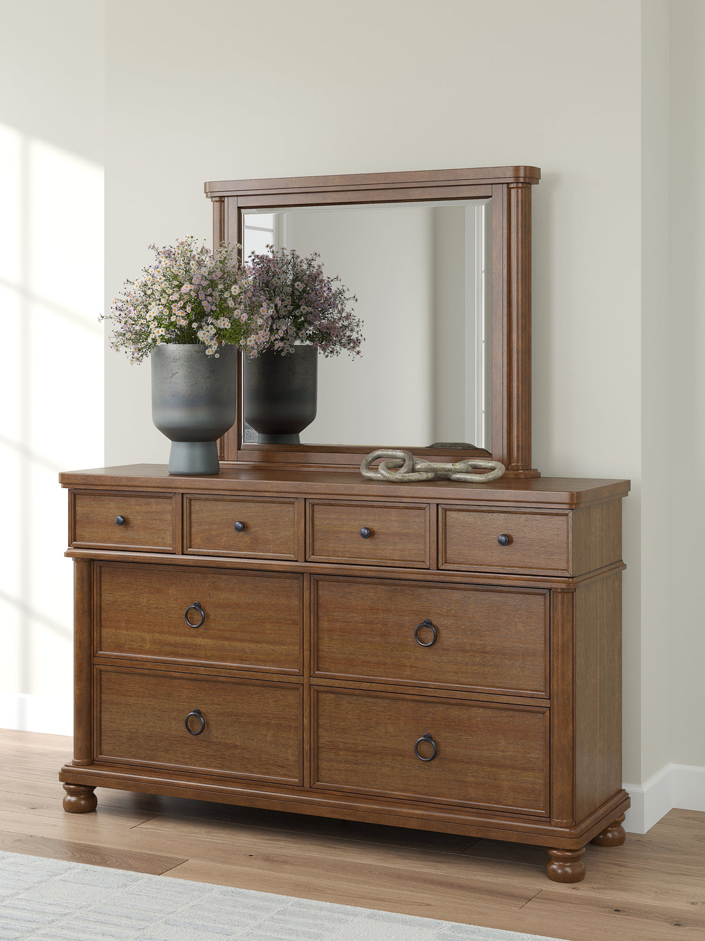 Rowlenstown Brown Queen Poster Bed, Dresser and Mirror