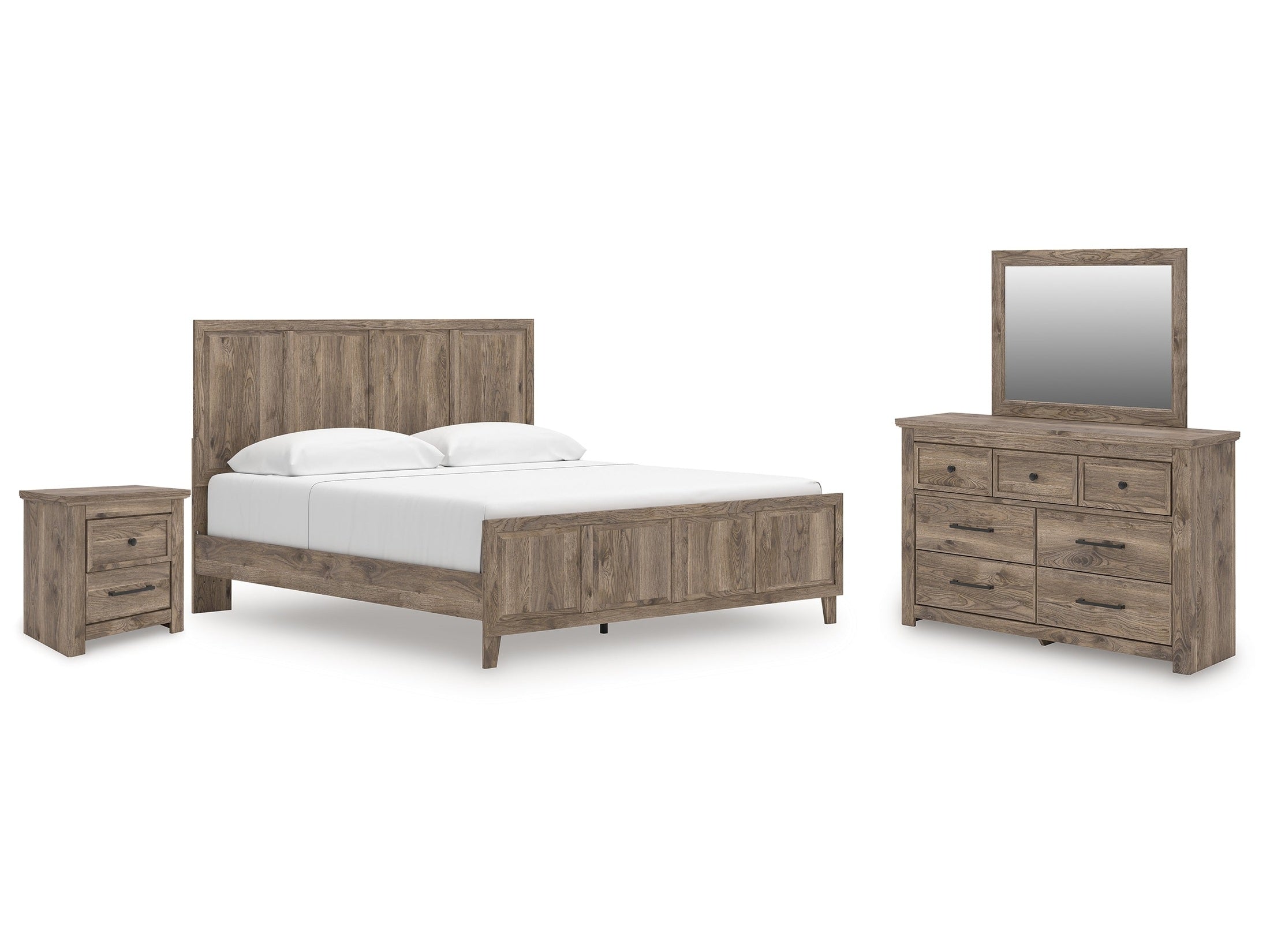 Rusticott King Panel Bed, Dresser, Mirror and Nightstand, Brown