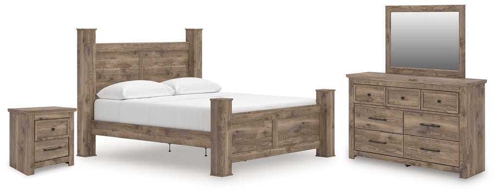 Rusticott King Poster Bed, Dresser, Mirror and Nightstand, Brown