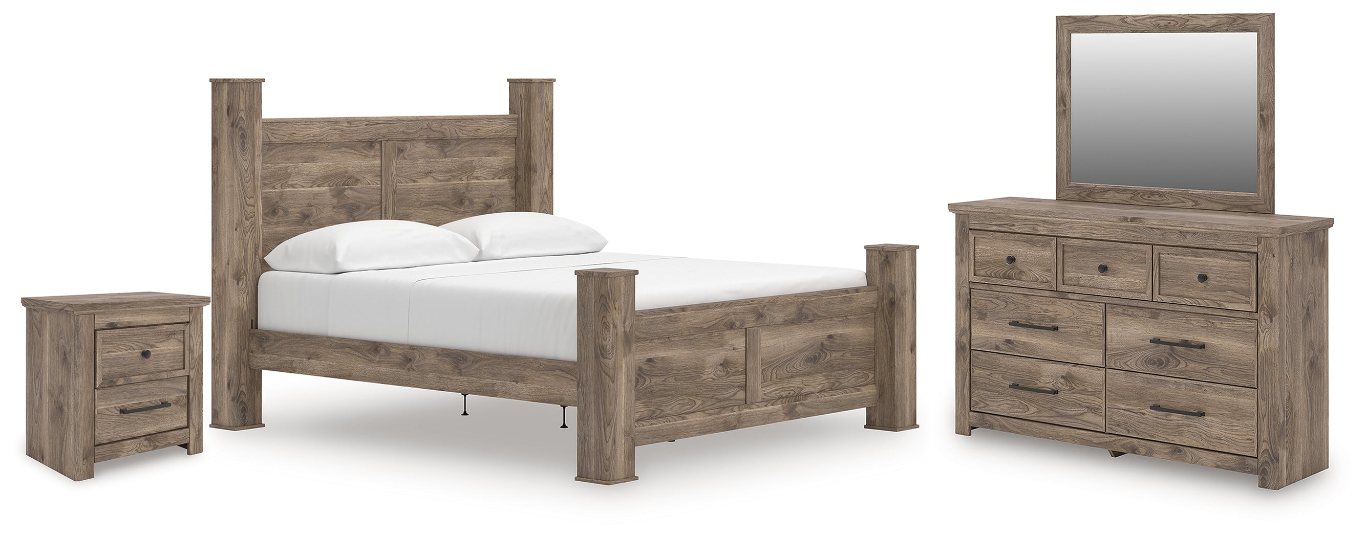 Rusticott King Poster Bed, Dresser, Mirror and Nightstand, Brown