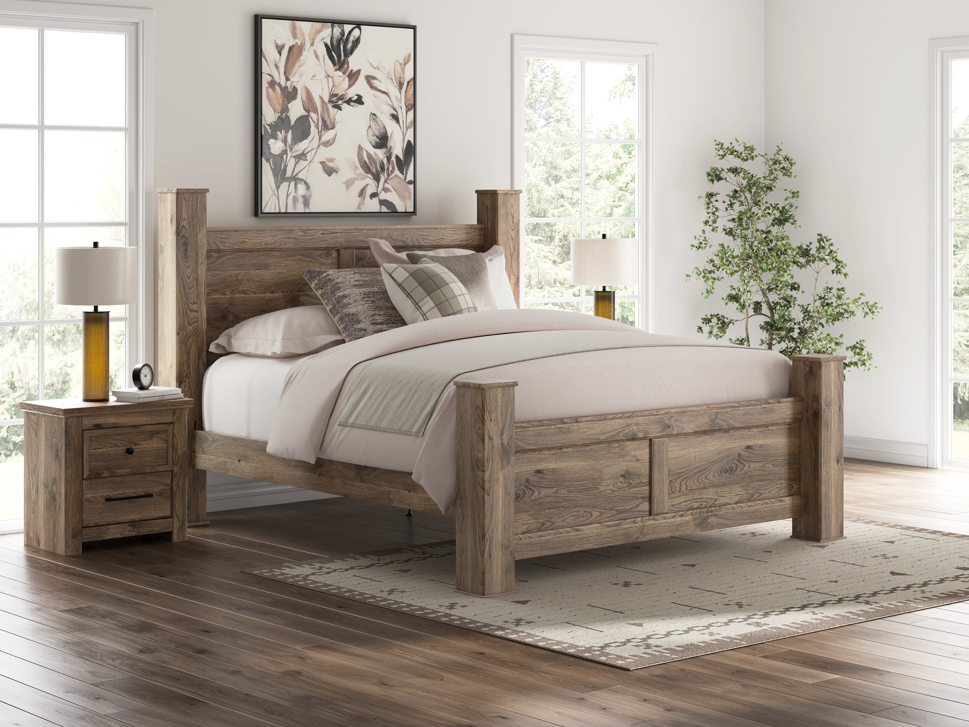Rusticott King Poster Bed, Dresser, Mirror and Nightstand, Brown