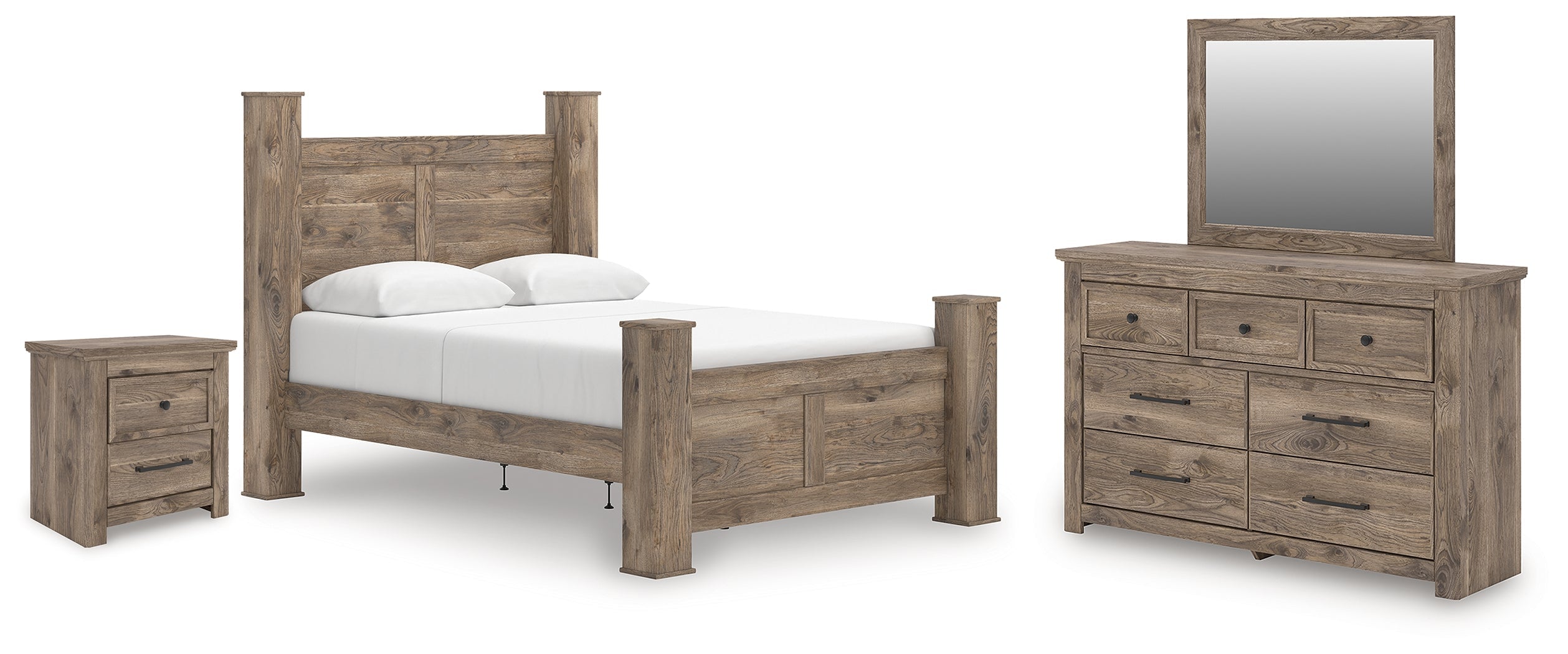 Rusticott Queen Poster Bed, Dresser, Mirror and Nightstand, Brown