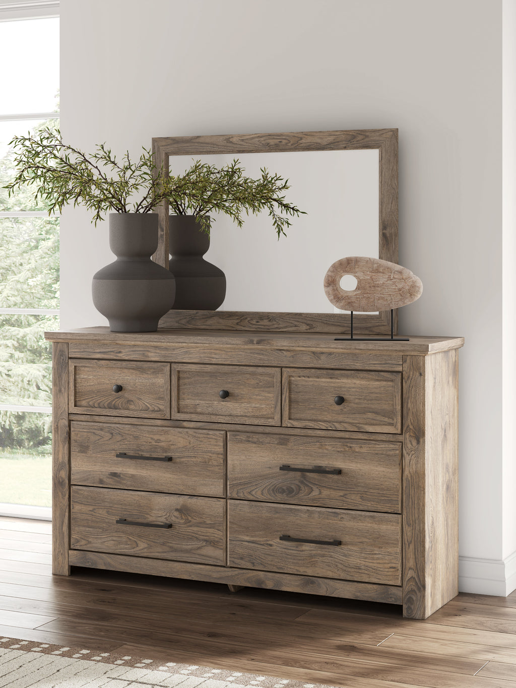 Rusticott Queen Poster Bed, Dresser, Mirror and Nightstand, Brown